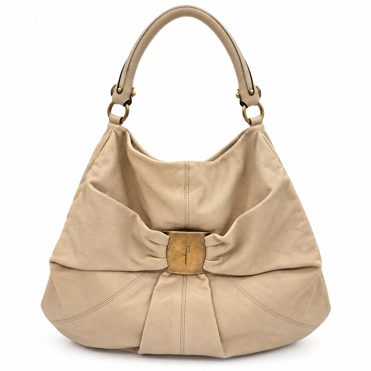Salvatore Ferragamo Vara Ribbon Oversized Beige Leather Hobo Bag