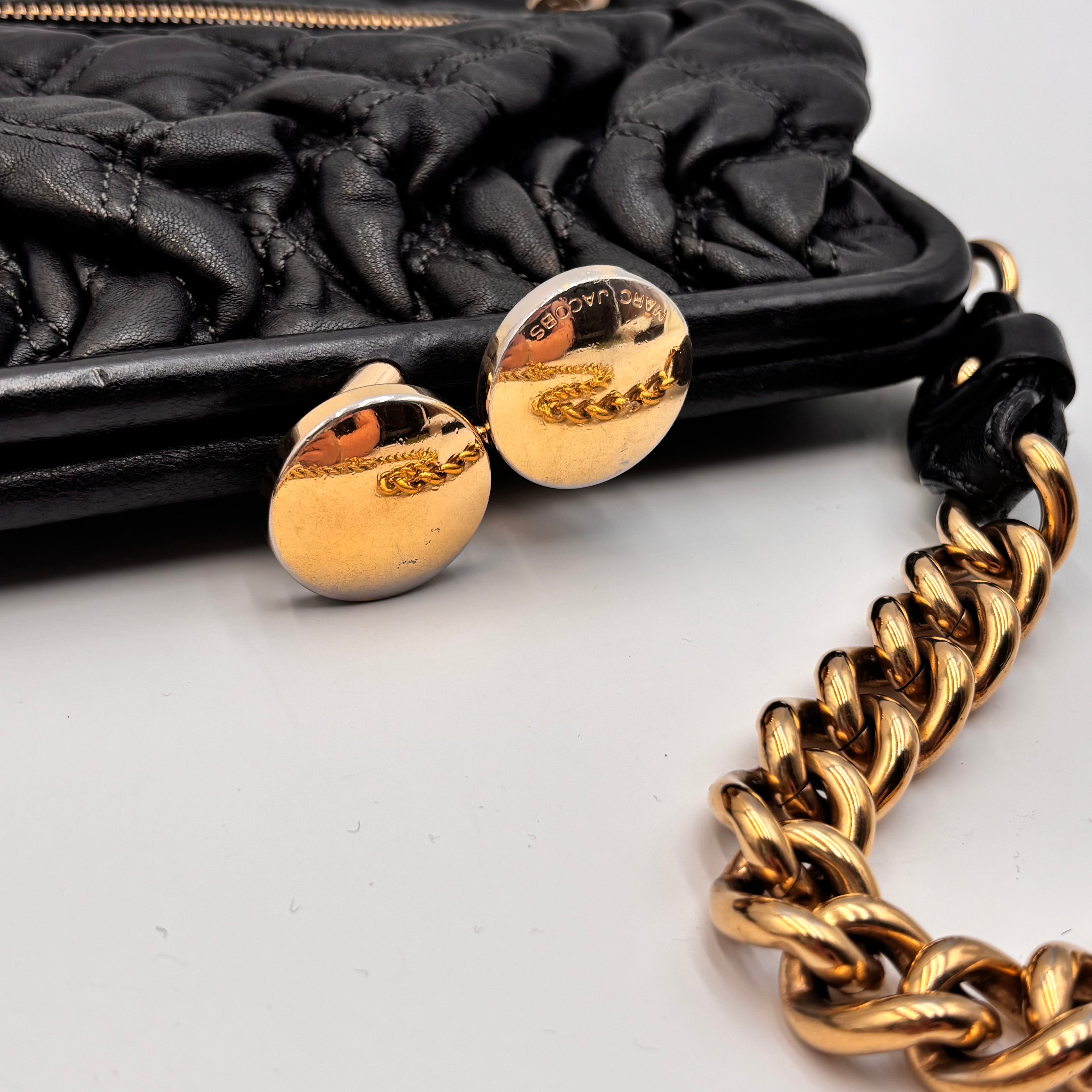 Marc Jacobs 2008 Stam Quilted Leather Frame Bag Black Gold Chain Strap