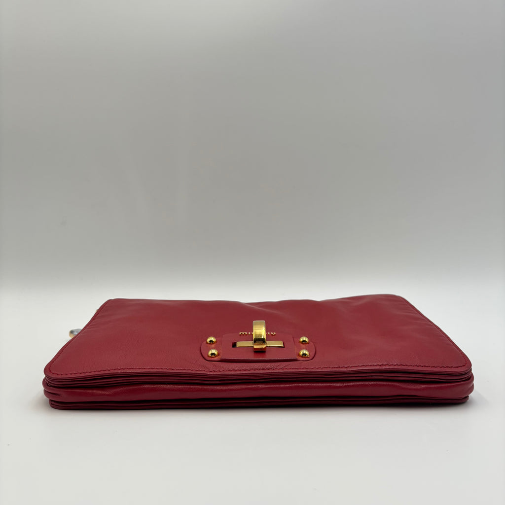 Miu Miu Vitello Lux Red Leather Crystal Chain Clutch Shoulder Bag