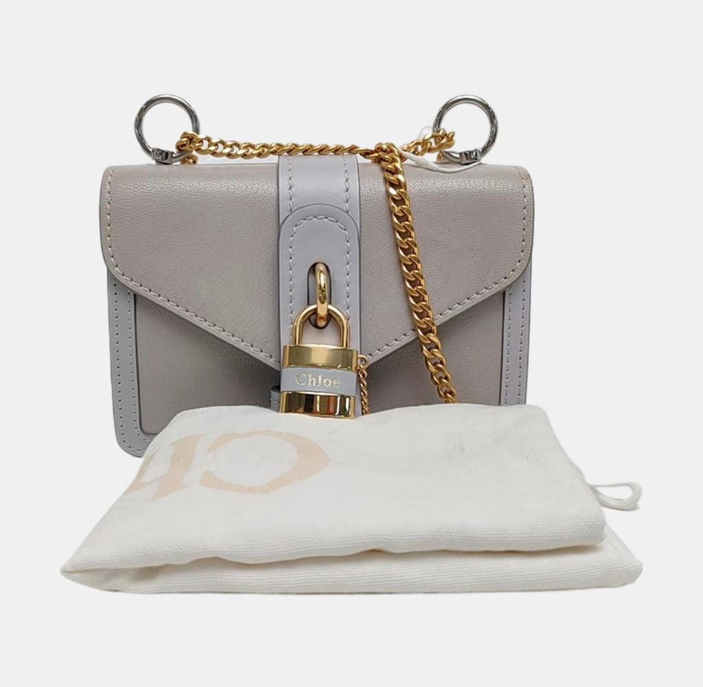 Chloé Aby Mini Chain Leather Shoulder Bag Grey Gold Hardware