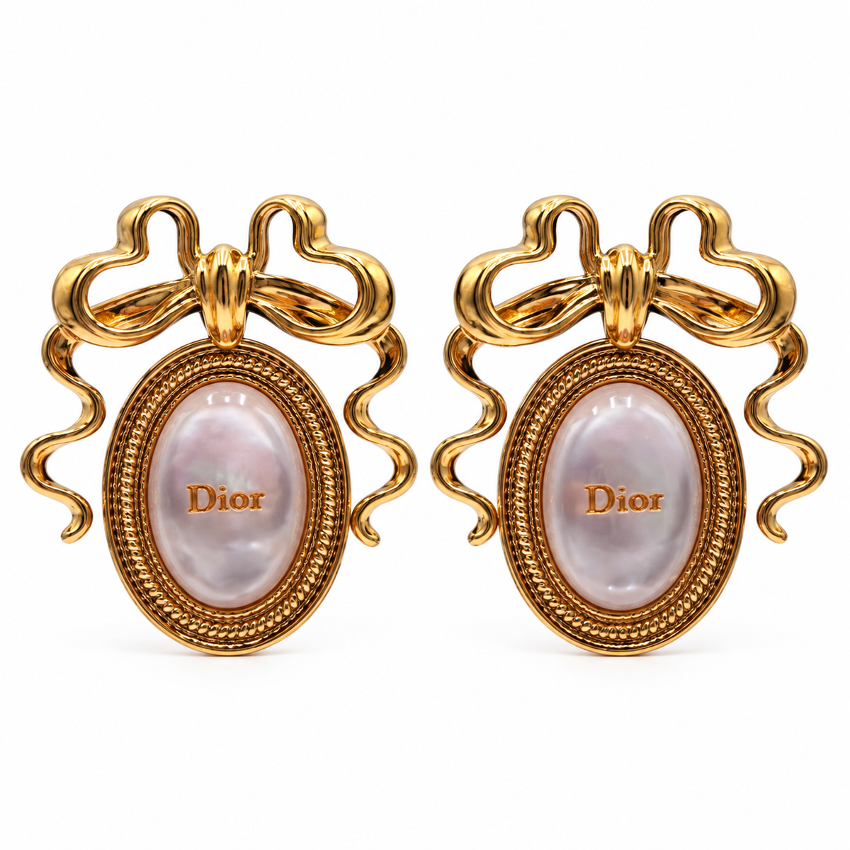 Dior Gold-Tone Bow & Pearlescent Medallion Earrings