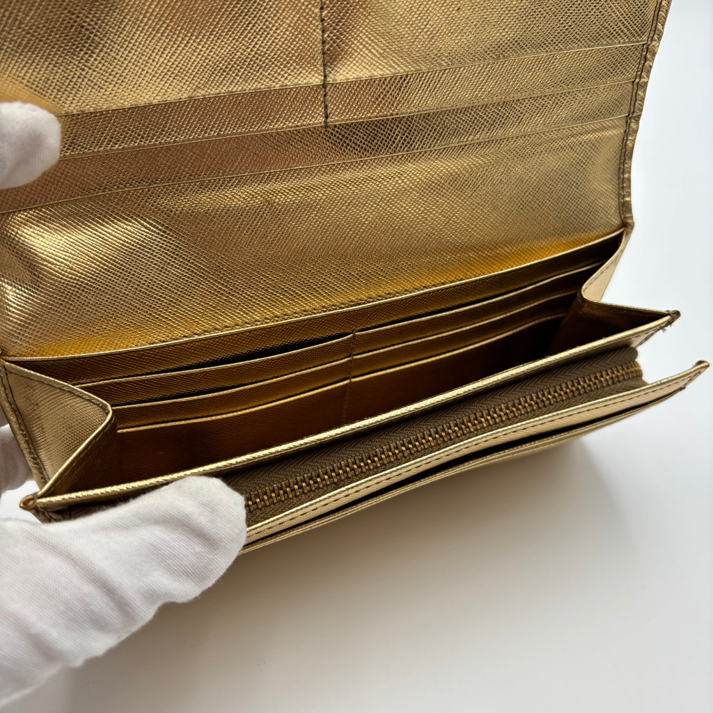 Prada Metallic Gold Saffiano Leather Continental Wallet