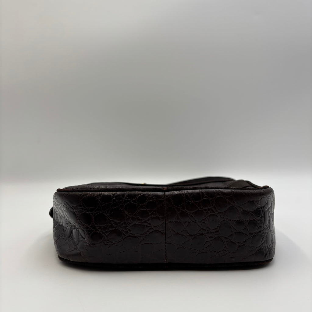 Salvatore Ferragamo Vara Croc-Embossed Leather Crossbody Bag in Dark Brown