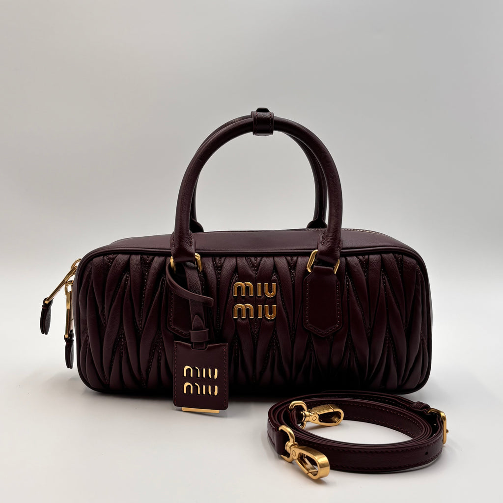 Miu Miu Arcadie Burgundy Matelassé Leather Top Handle Boston Bag With Strap