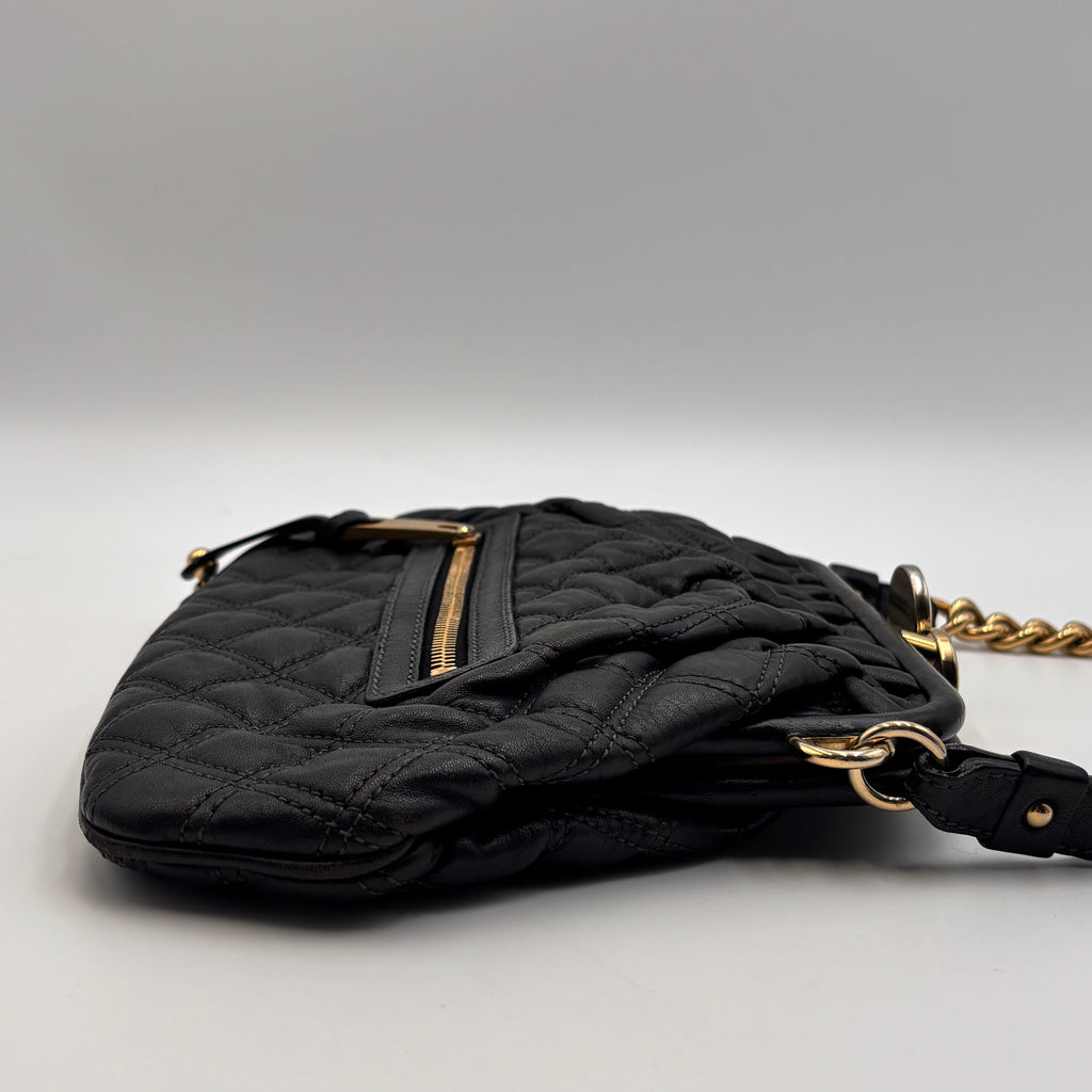 Marc Jacobs 2008 Stam Quilted Leather Frame Bag Black Gold Chain Strap