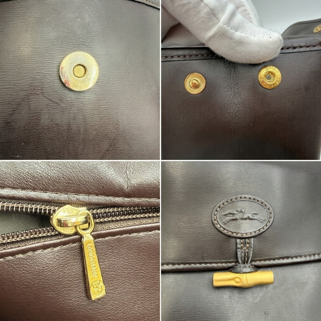 Longchamp Vintage Roseau Top Handle Satchel Bag Dark Brown Leather