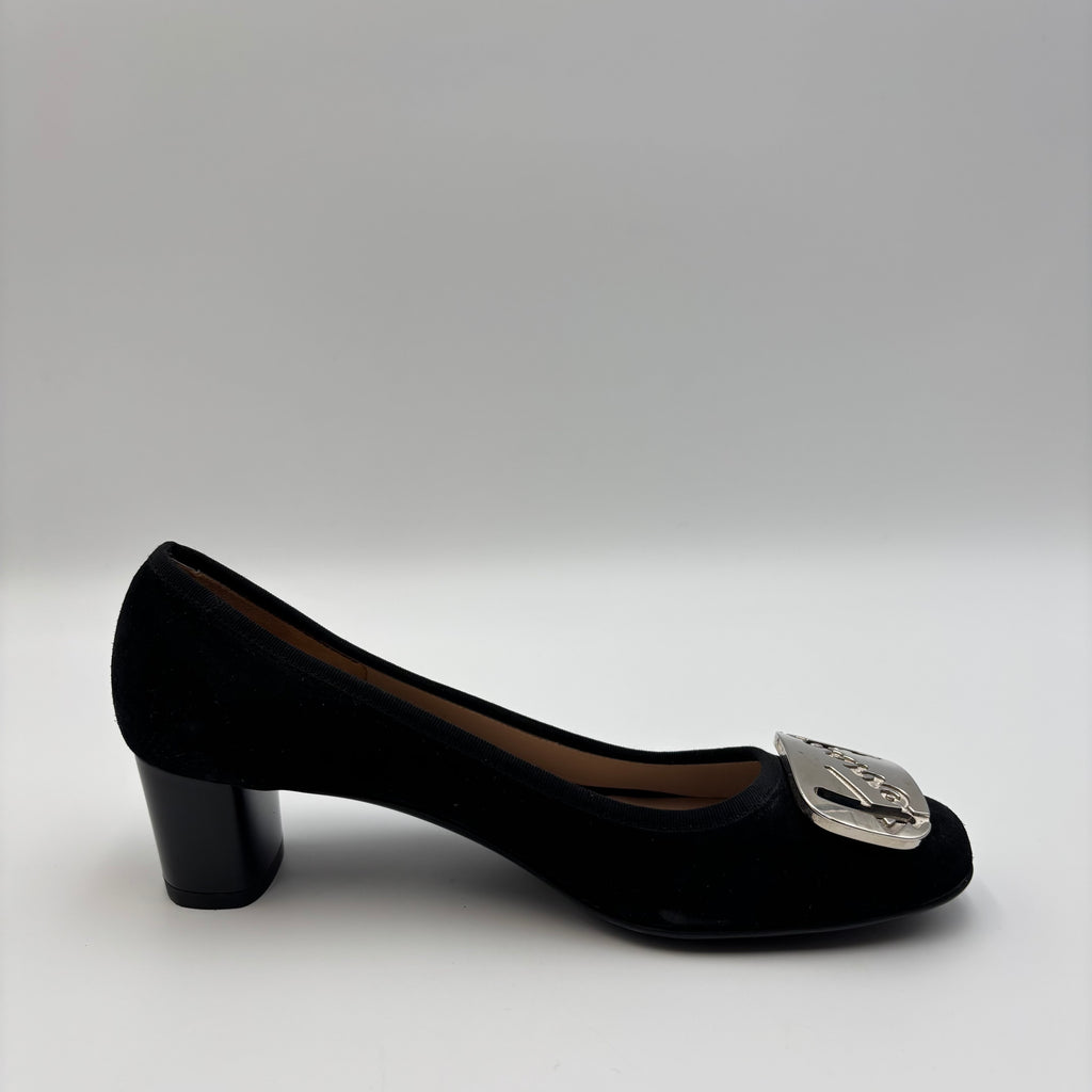 Salvatore Ferragamo My Ferragamo Black Suede Block Heel Pumps