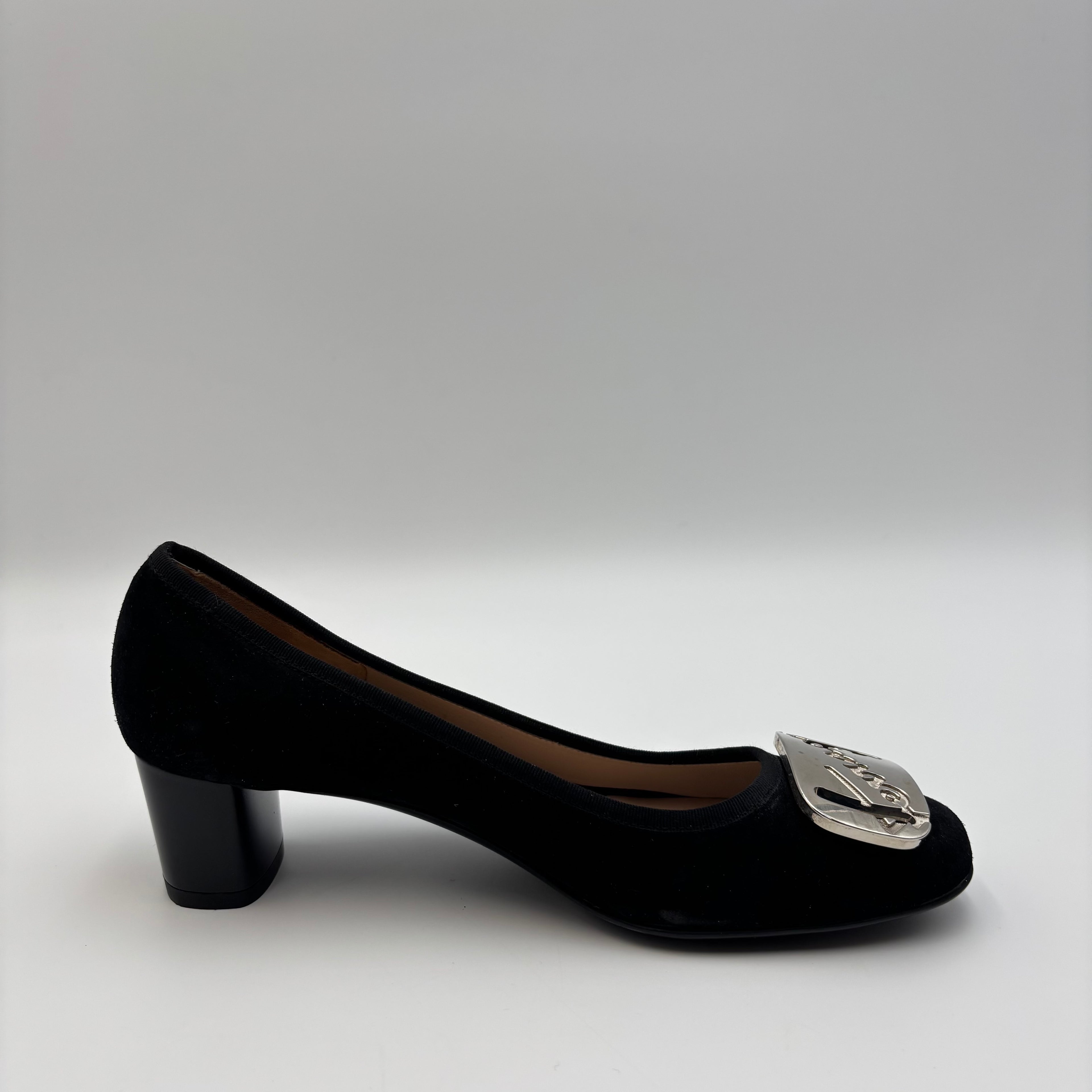 Salvatore Ferragamo My Ferragamo Black Suede Block Heel Pumps