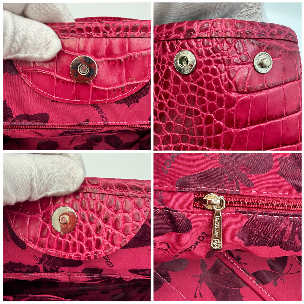 Longchamp Roseau Crocodile-Embossed Leather Tote by Philippe Cassegrain, Fuchsia, c. 2000s
