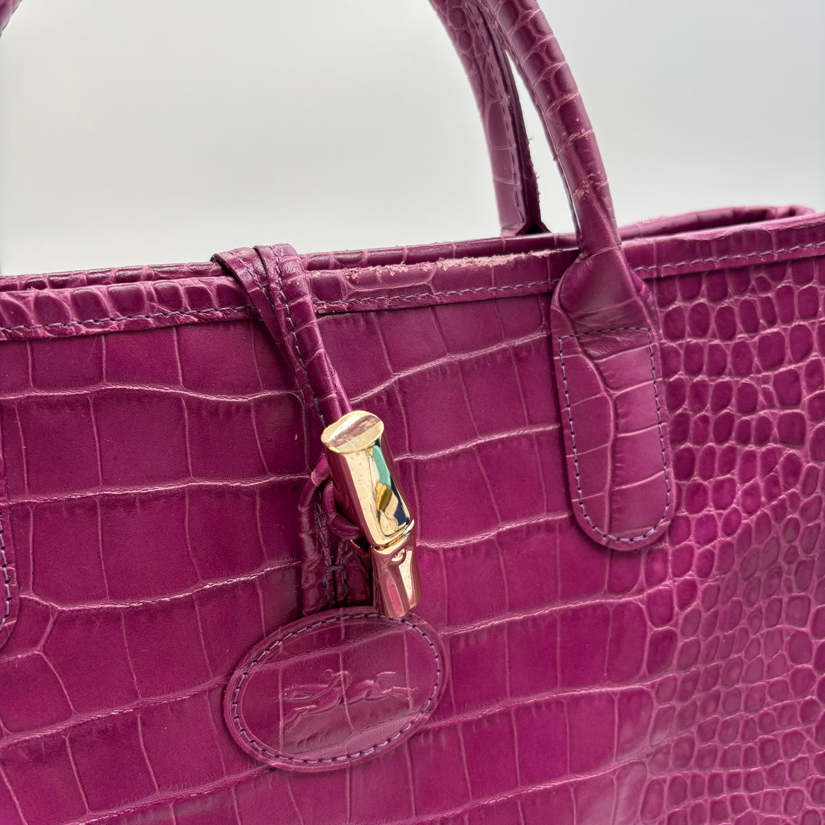 Longchamp Roseau Croc-Embossed Leather Tote in Fuchsia Pink