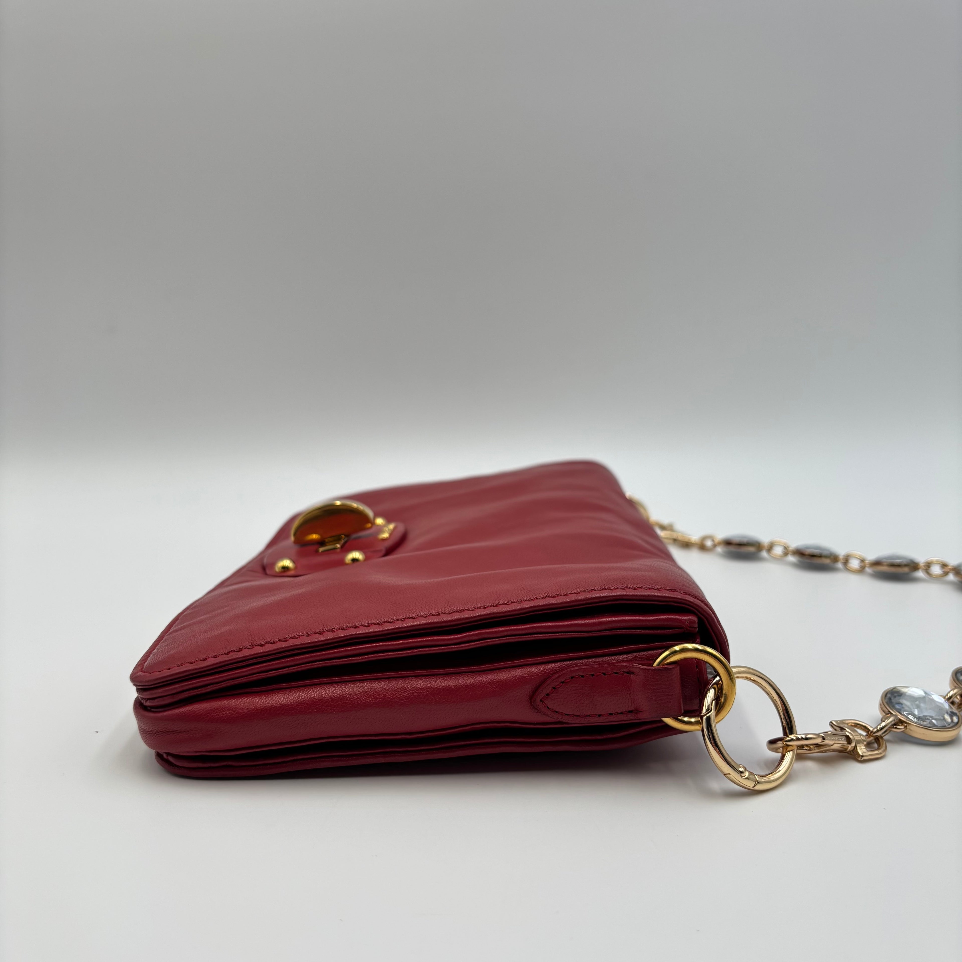 Miu Miu Vitello Lux Red Leather Crystal Chain Clutch Shoulder Bag