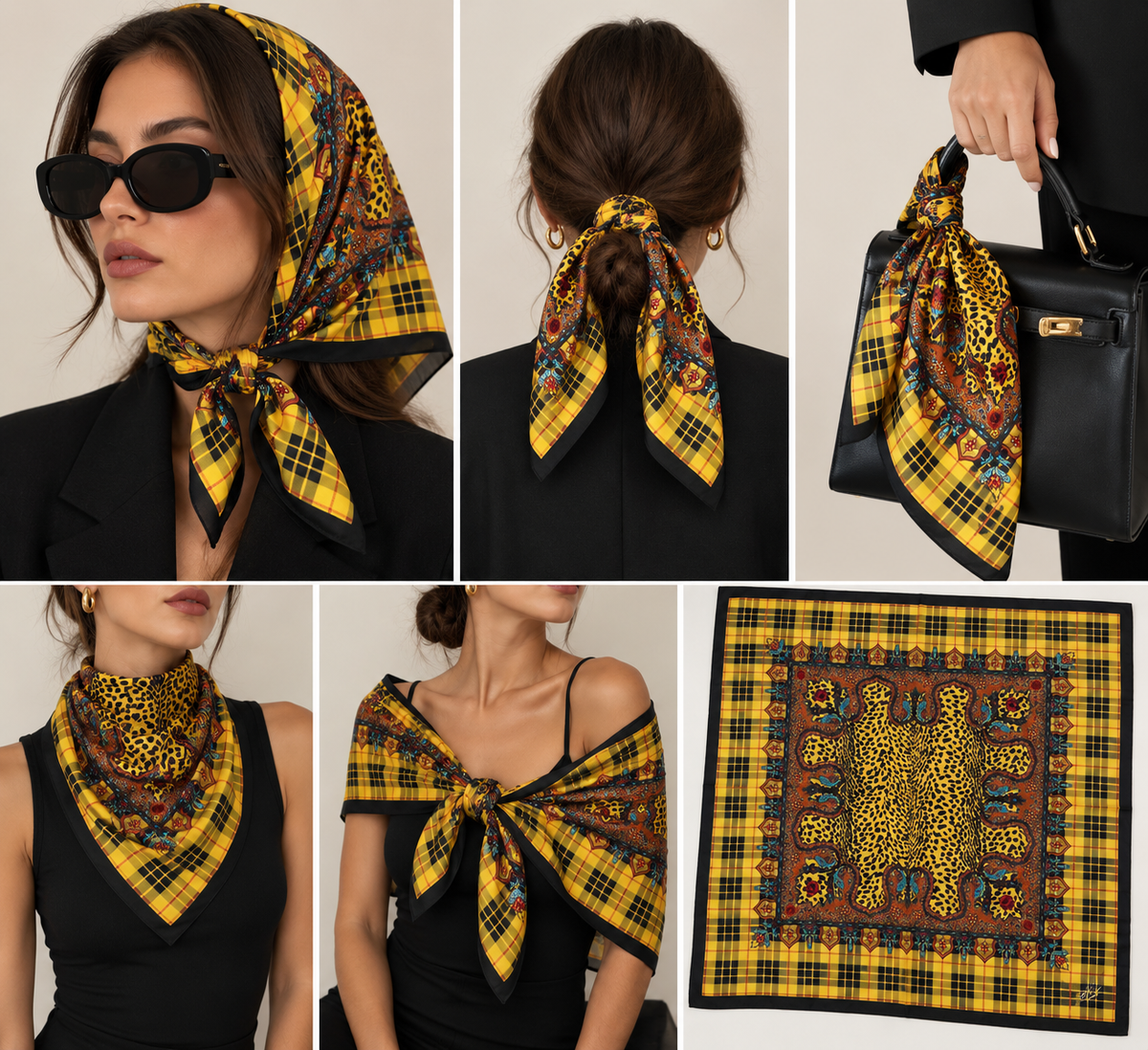 Kenzo Vintage Leopard & Plaid Square Scarf
