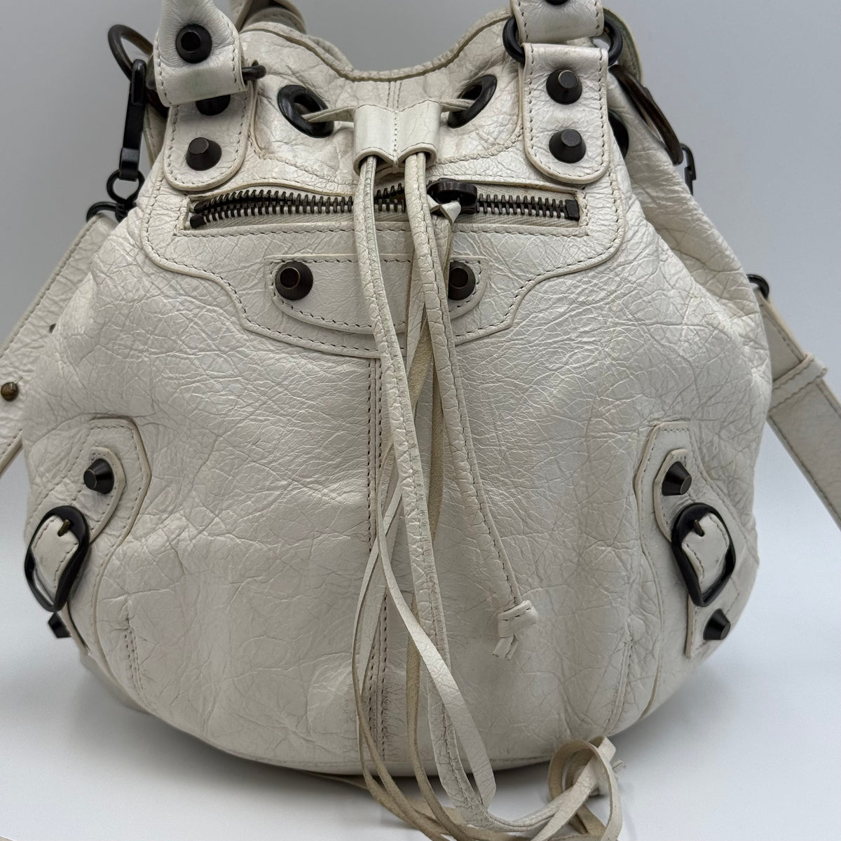Balenciaga Classic Mini Pompon White Leather Bucket Bag