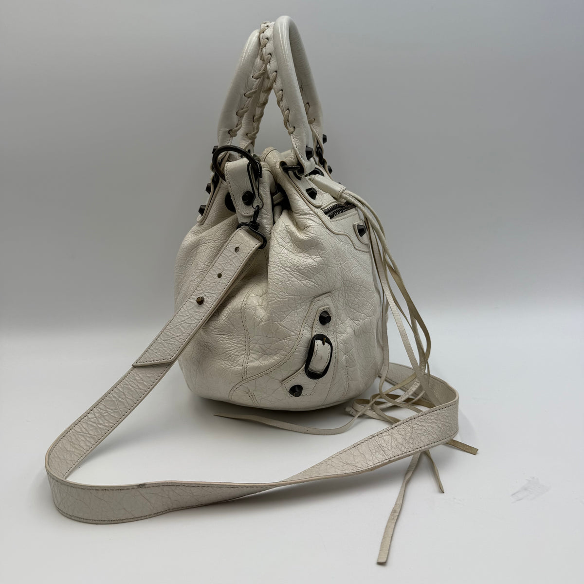 Balenciaga Classic Mini Pompon White Leather Bucket Bag
