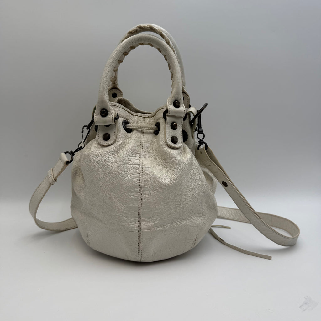 Balenciaga Classic Mini Pompon White Leather Bucket Bag