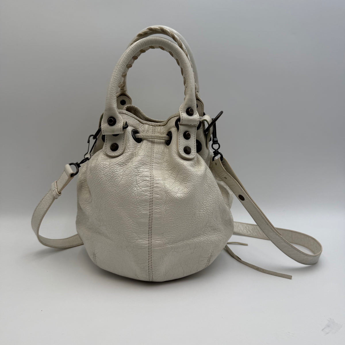 Balenciaga Classic Mini Pompon White Leather Bucket Bag