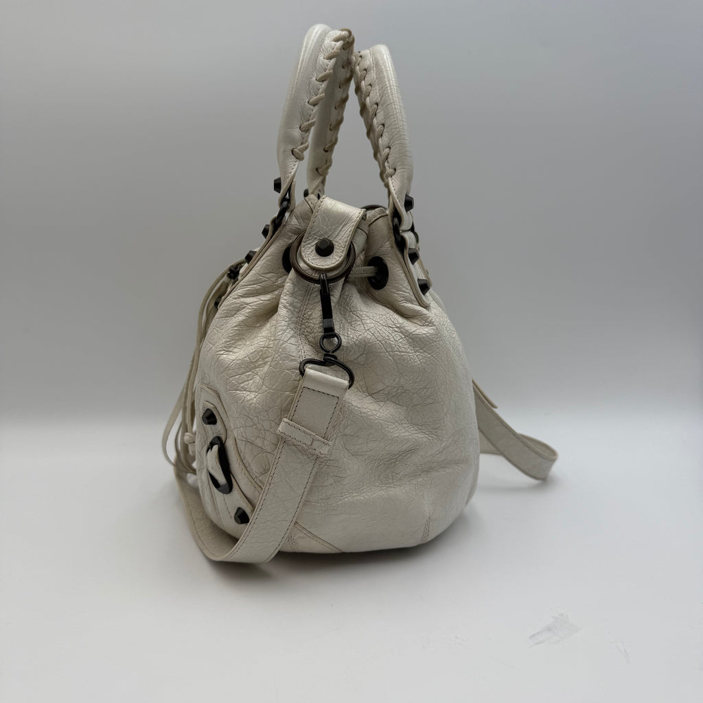 Balenciaga Classic Mini Pompon White Leather Bucket Bag