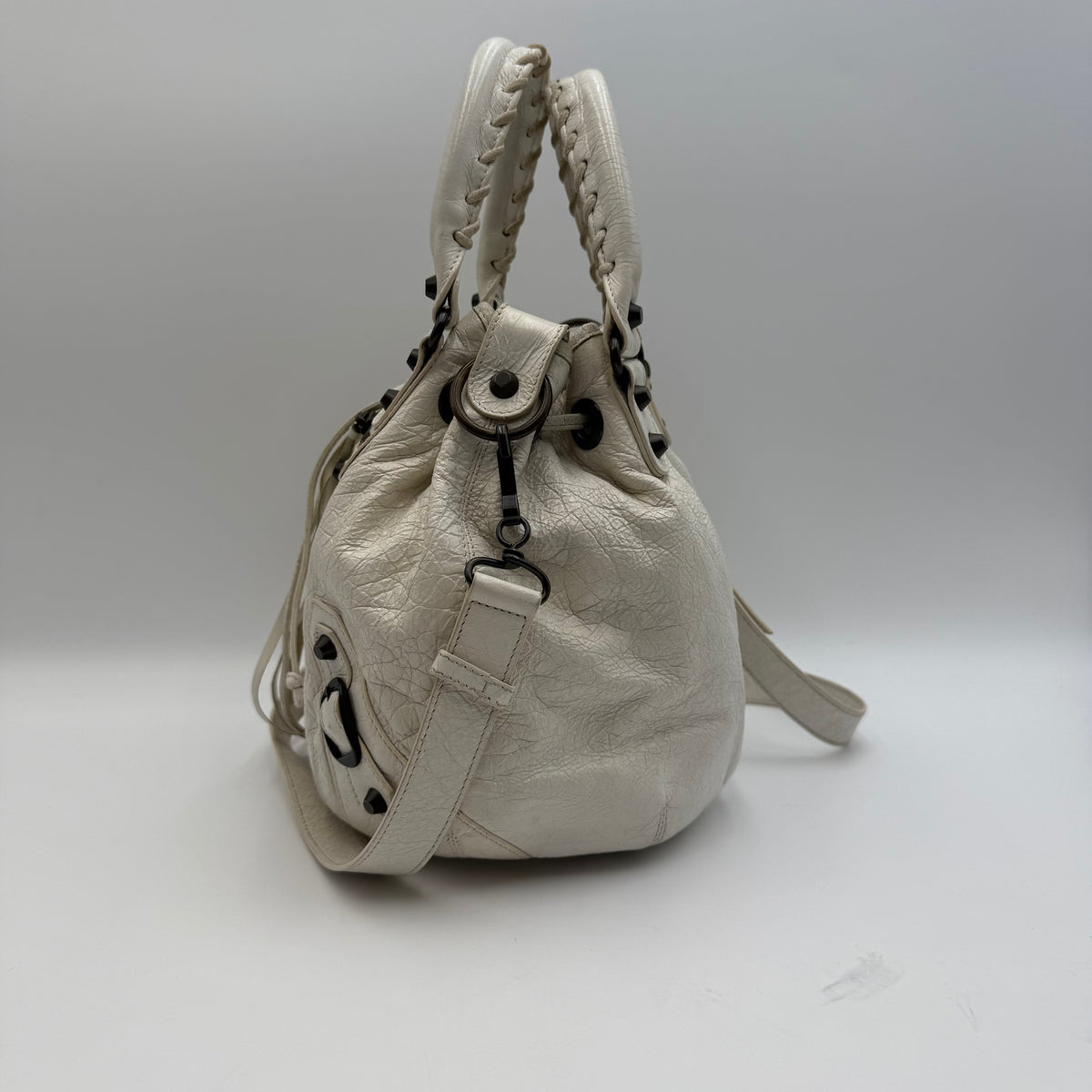 Balenciaga Classic Mini Pompon White Leather Bucket Bag