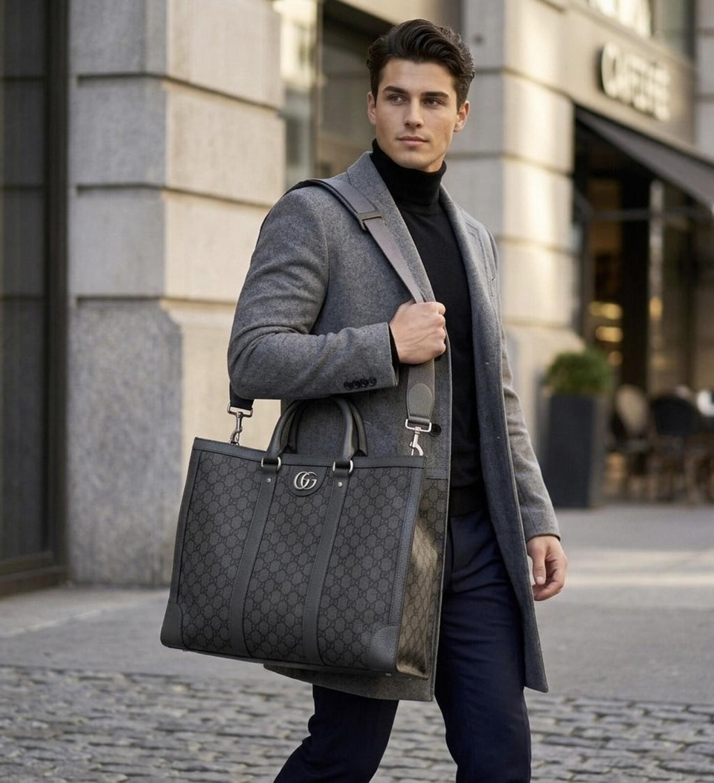Gucci GG Supreme Monogram Tote Bag With Web Strap Gray Black