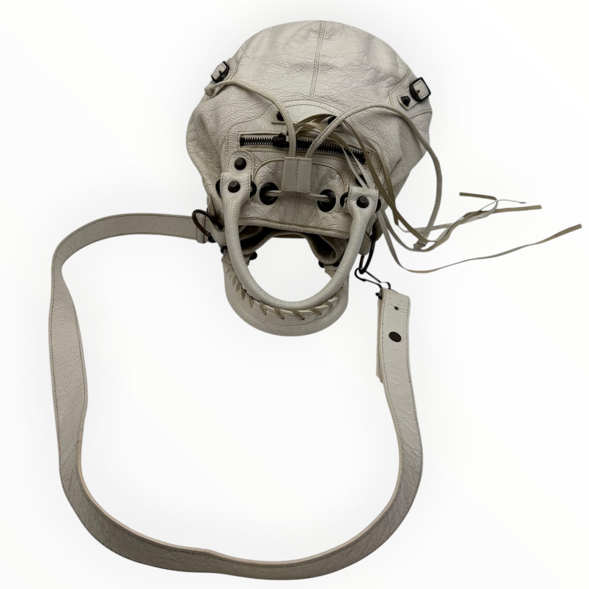 Balenciaga Classic Mini Pompon White Leather Bucket Bag