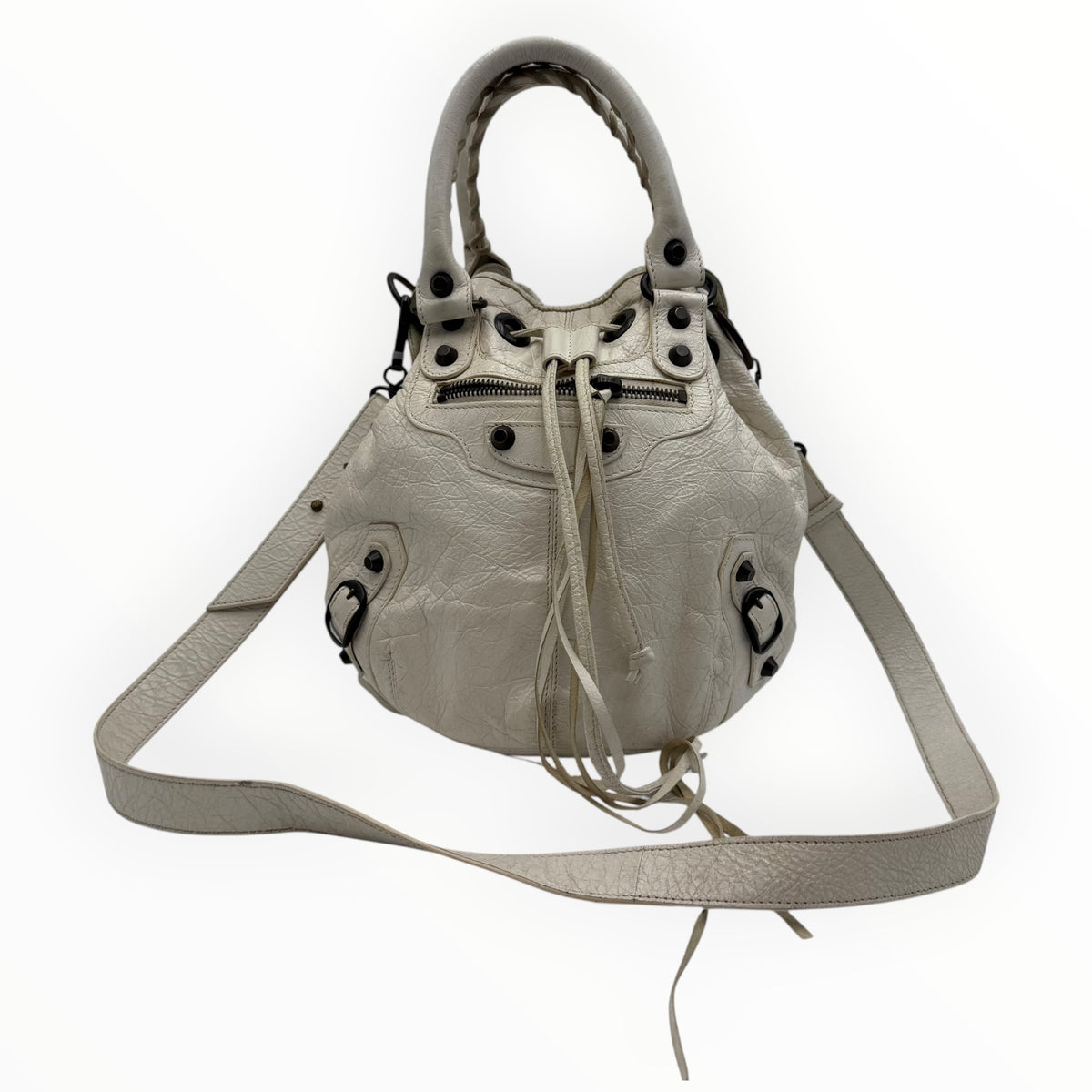 Balenciaga Classic Mini Pompon White Leather Bucket Bag