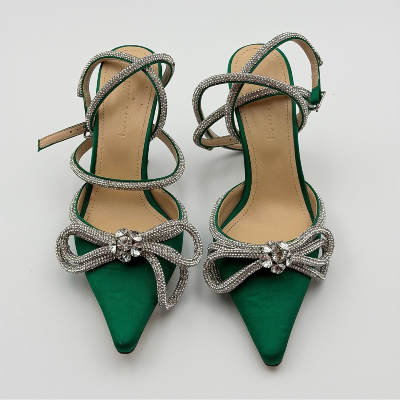 MACH & MACH GREEN SATIN CRYSTAL BOW HEELS – SIZE EU 36