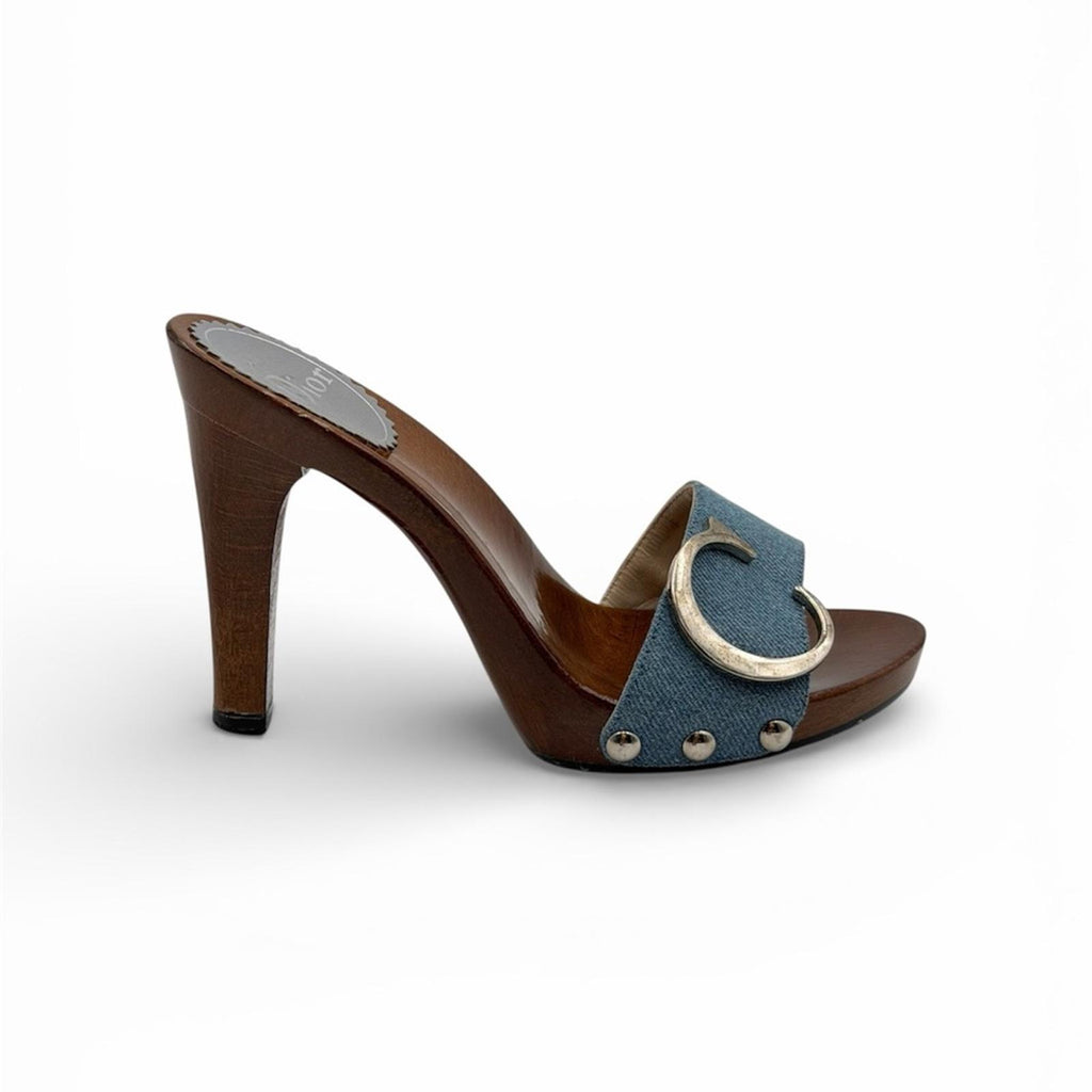 DIOR CD LOGO WOOD & DENIM MULE SANDALS – BLUE / BROWN
