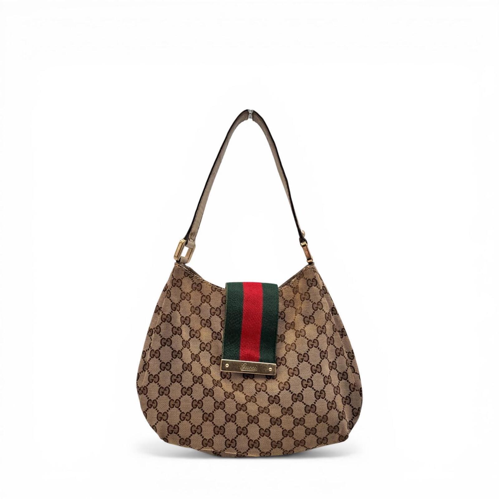 Gucci GG Canvas Web Sherry Line Shoulder Bag Beige Red Green
