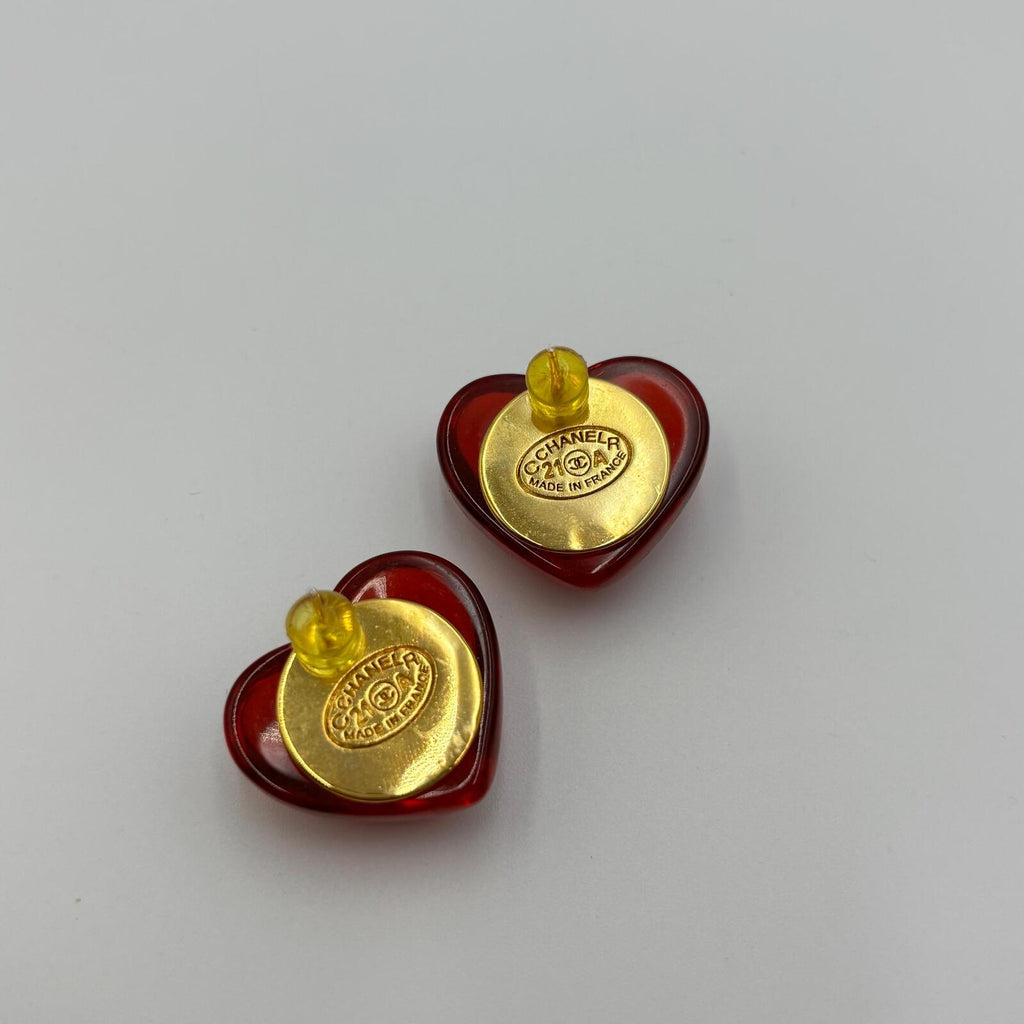 Chanel Vintage Red Resin Heart CC Stud Earrings Gold Tone