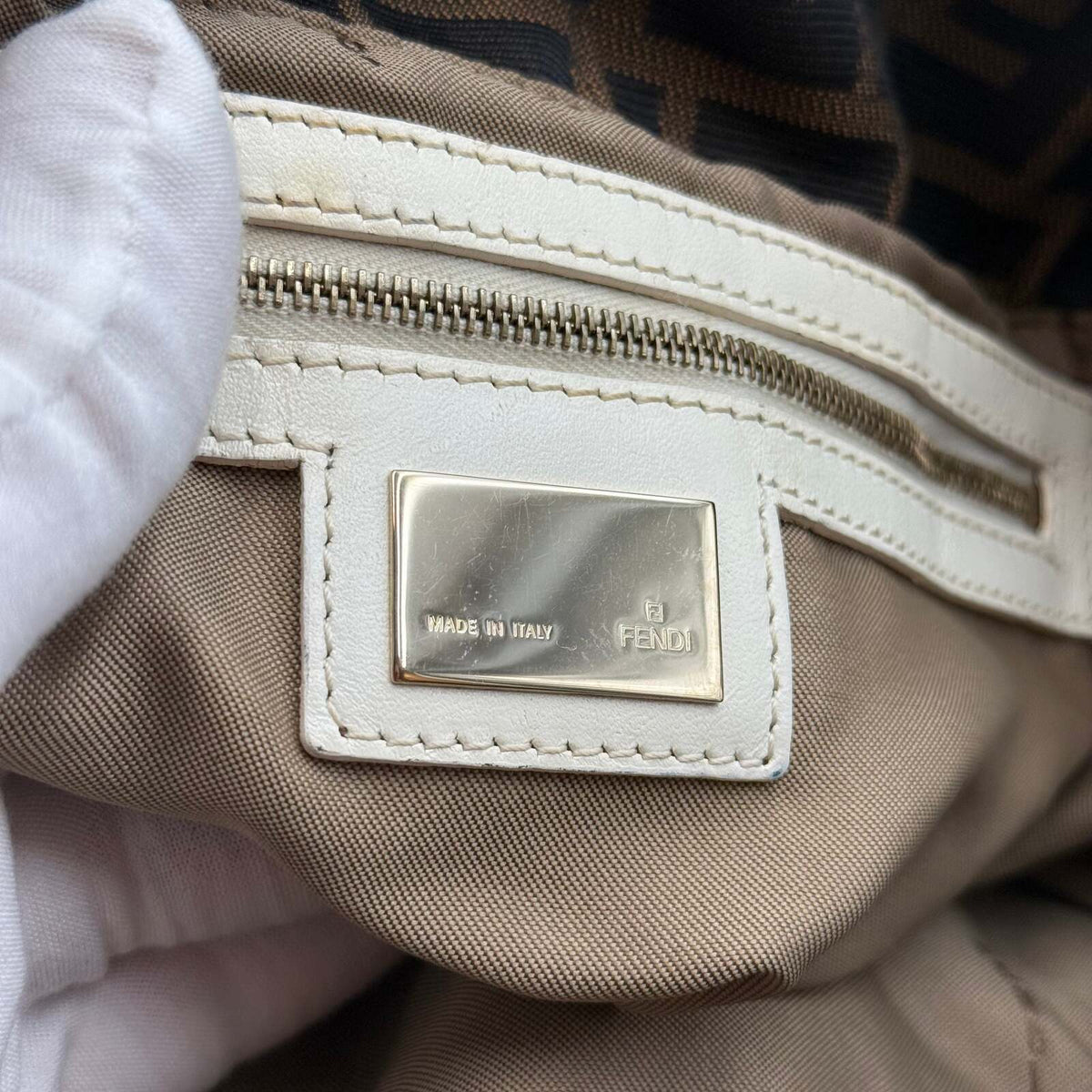 Fendi Zucca Monogram Canvas Shoulder Bag with Ivory Leather Trim