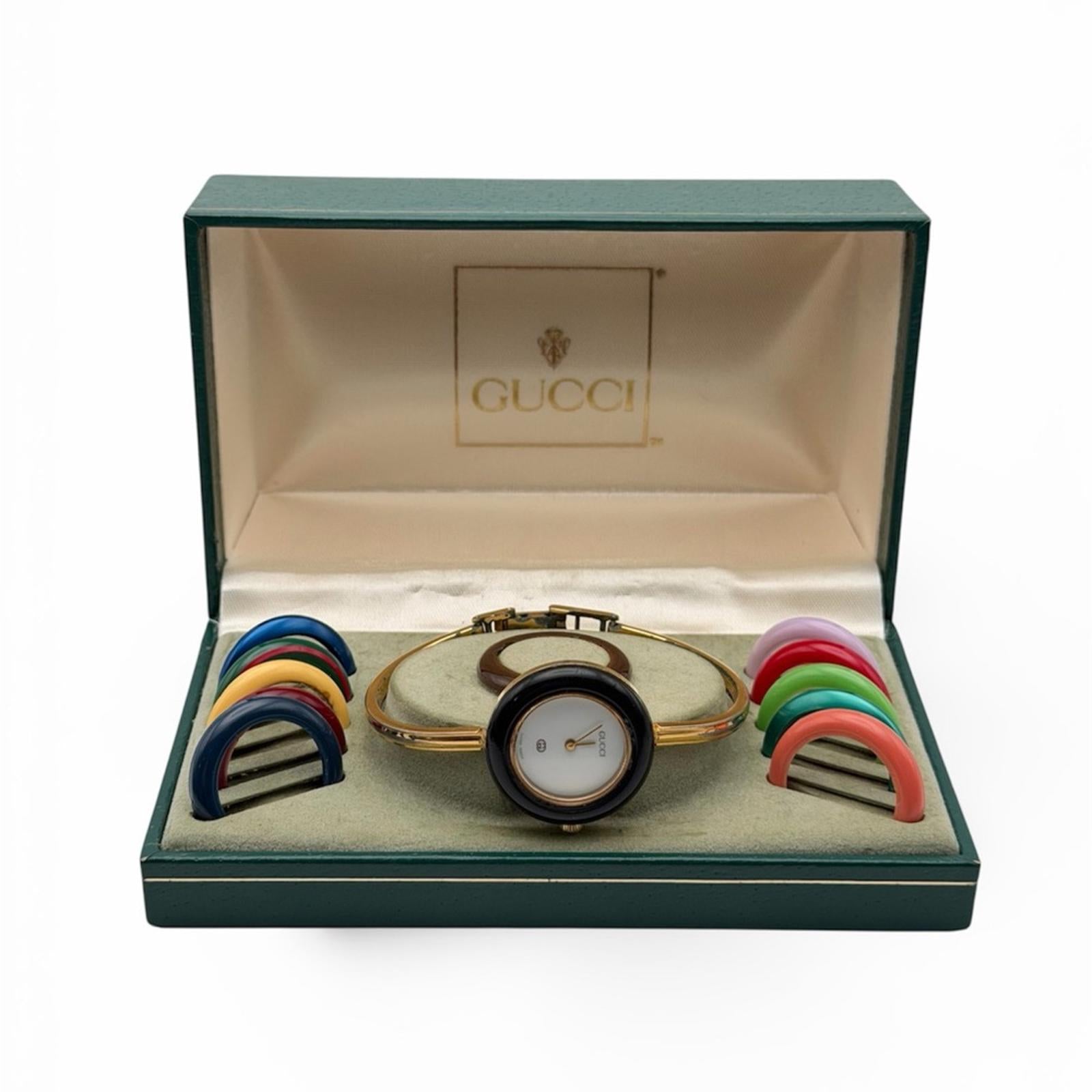 Vintage Gucci Change Bezel Watch – Gold Tone – Multicolor Bezels – Full Set