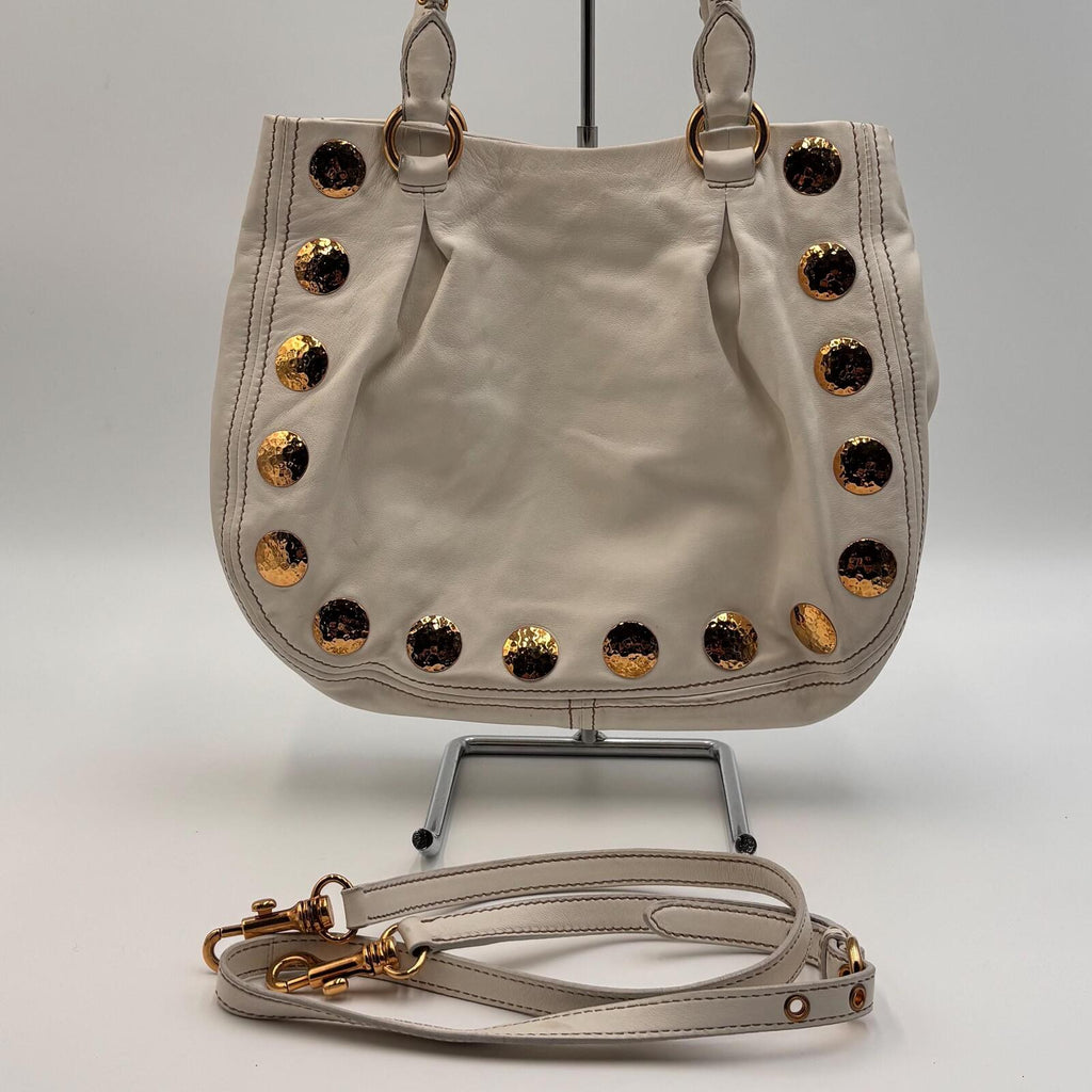 Miu Miu White Leather Studded Tote Bag With Strap