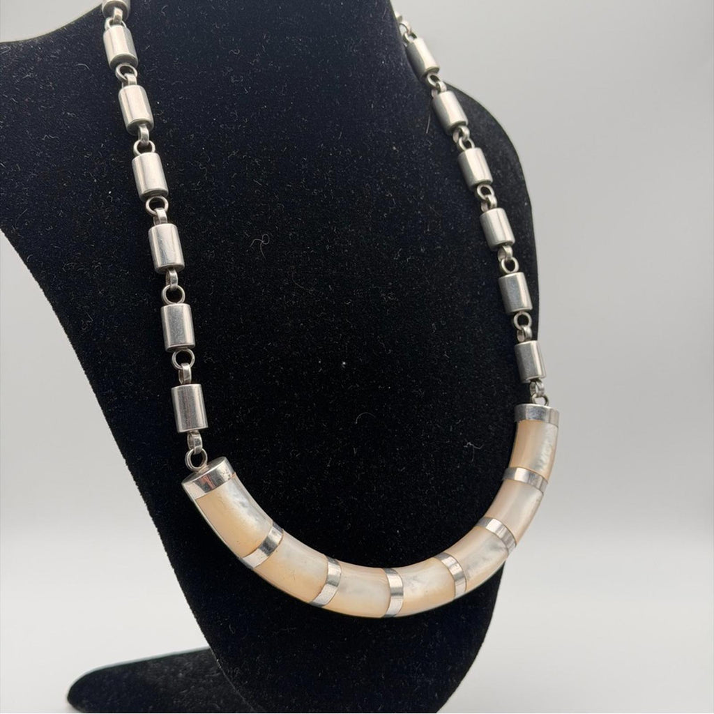 Vintage Heavy Sterling Silver Necklace With Onyx & Nacré (Mother Of Pearl)