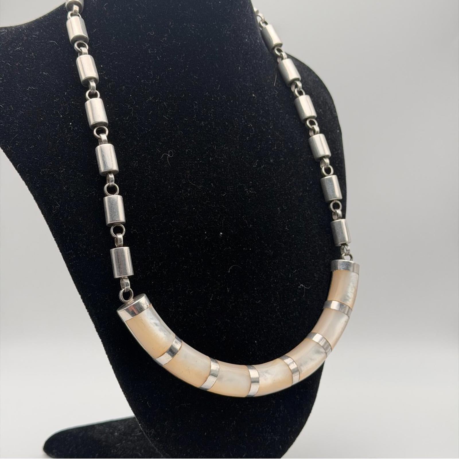 Vintage Heavy Sterling Silver Necklace With Onyx & Nacré (Mother Of Pearl)