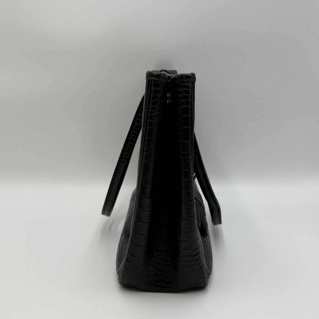 Longchamp Black Crocodile Embossed Roseau Tote