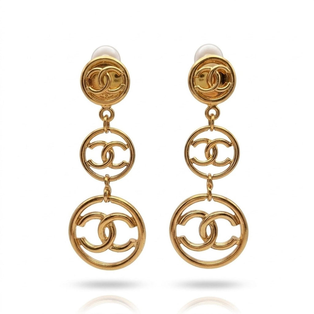 Chanel Three Tier CC Logo Charm Long Dangle Drop Earrings