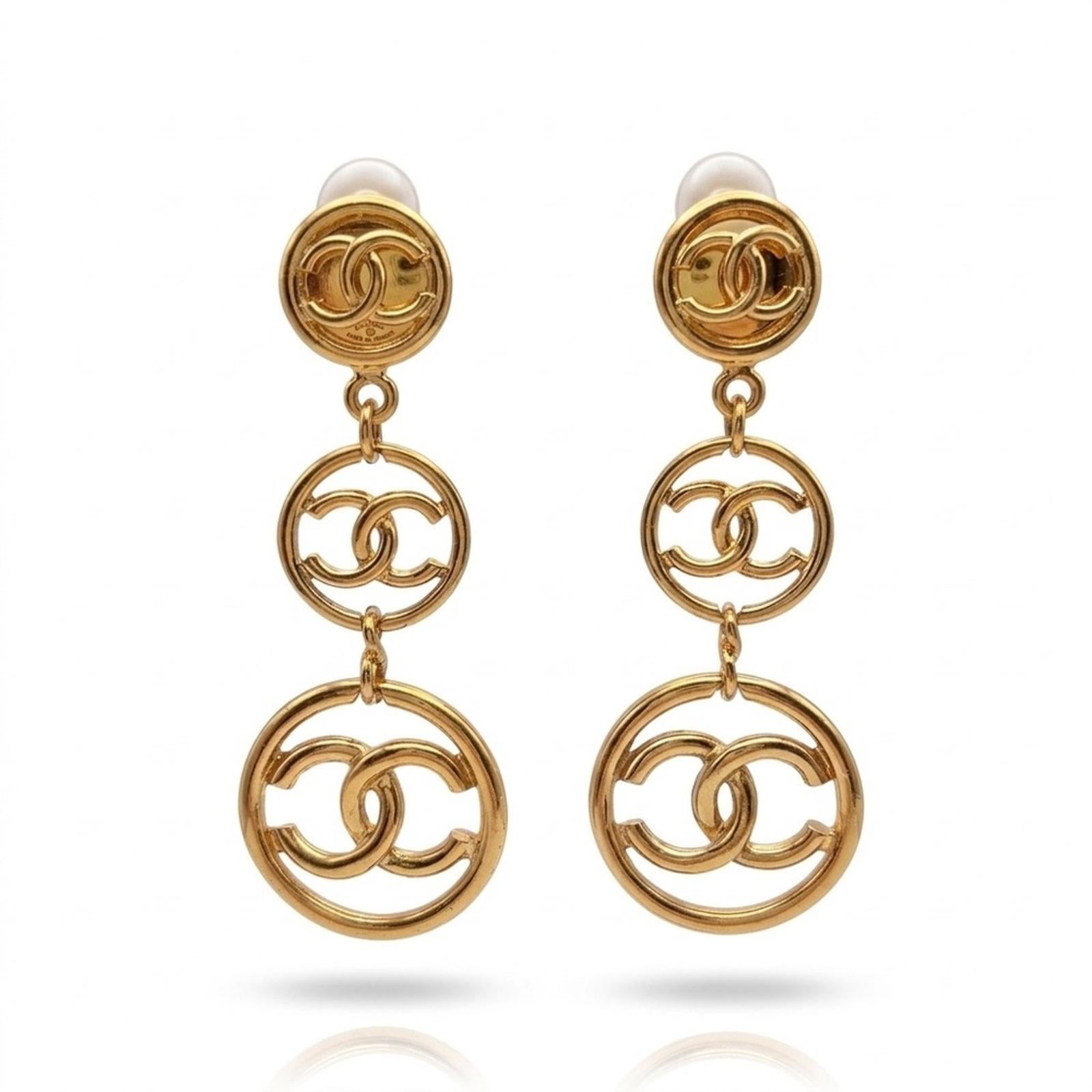 Chanel Three Tier CC Logo Charm Long Dangle Drop Earrings