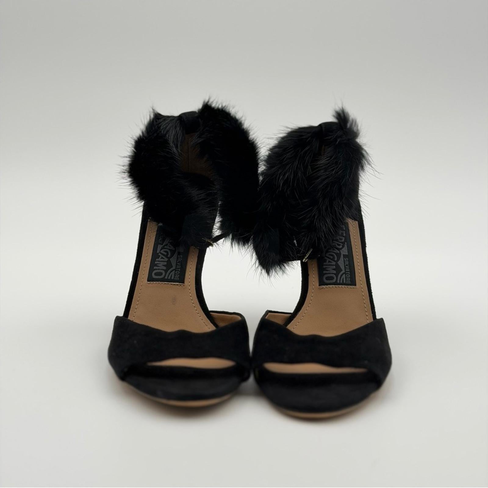 SALVATORE FERRAGAMO BLACK SUEDE & FUR ANKLE STRAP HEELS