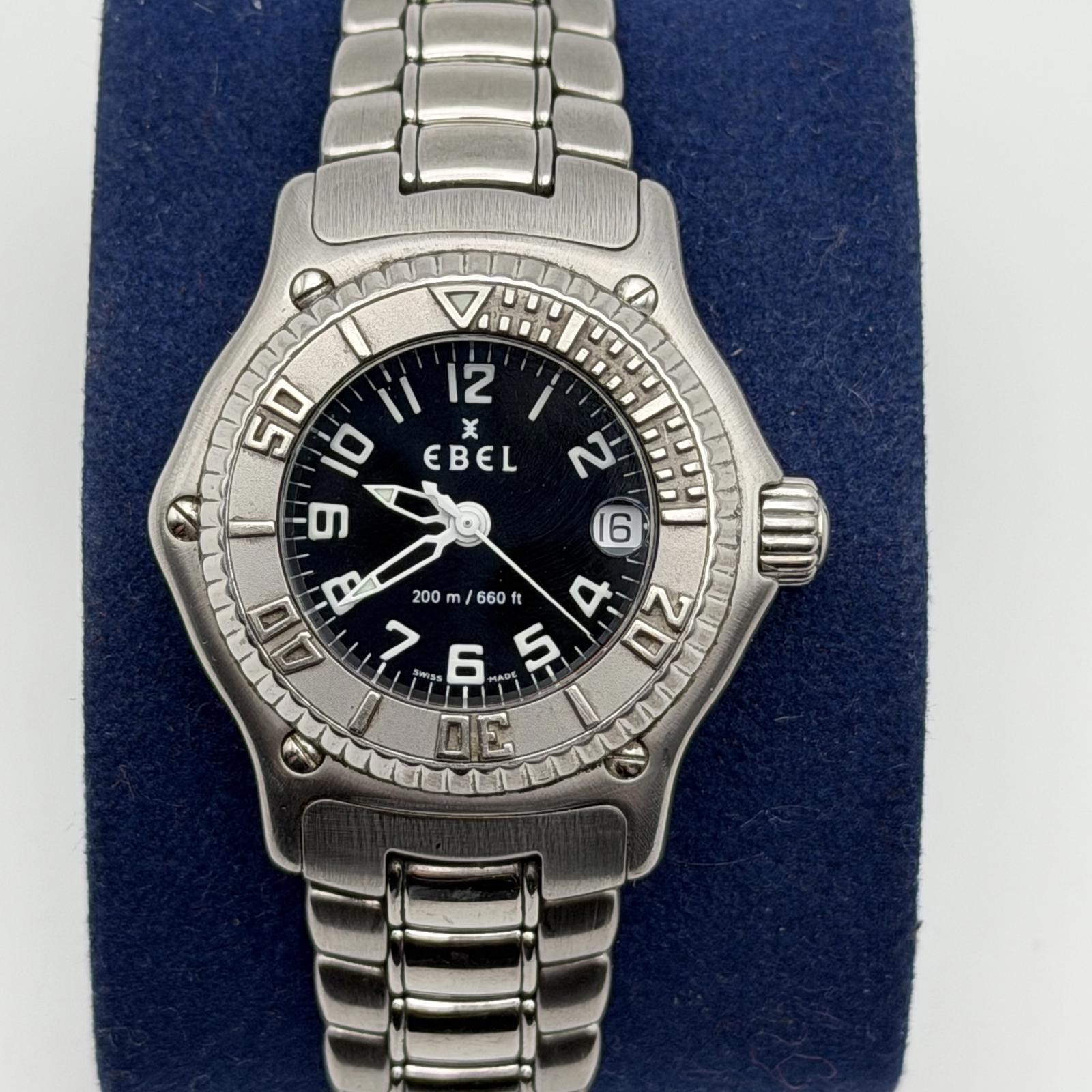 Ebel Discovery Stainless Steel Diver Watch 200M Black Dial Date Swiss Made