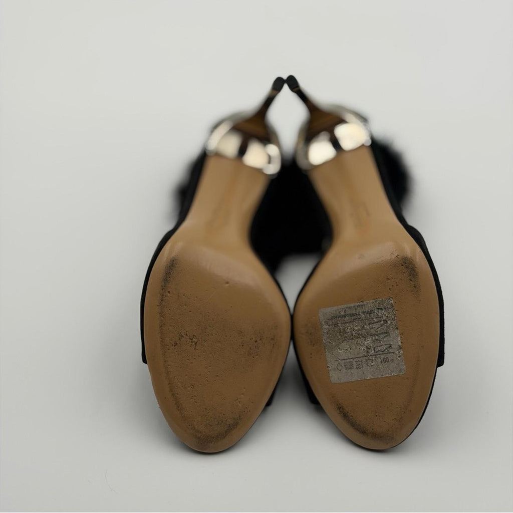 SALVATORE FERRAGAMO BLACK SUEDE & FUR ANKLE STRAP HEELS
