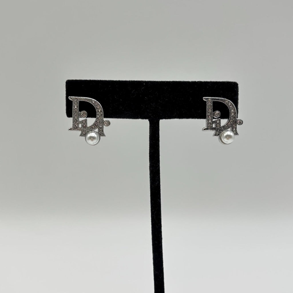 Christian Dior CD Monogram Crystal Pavé Earrings with Pearl Accents