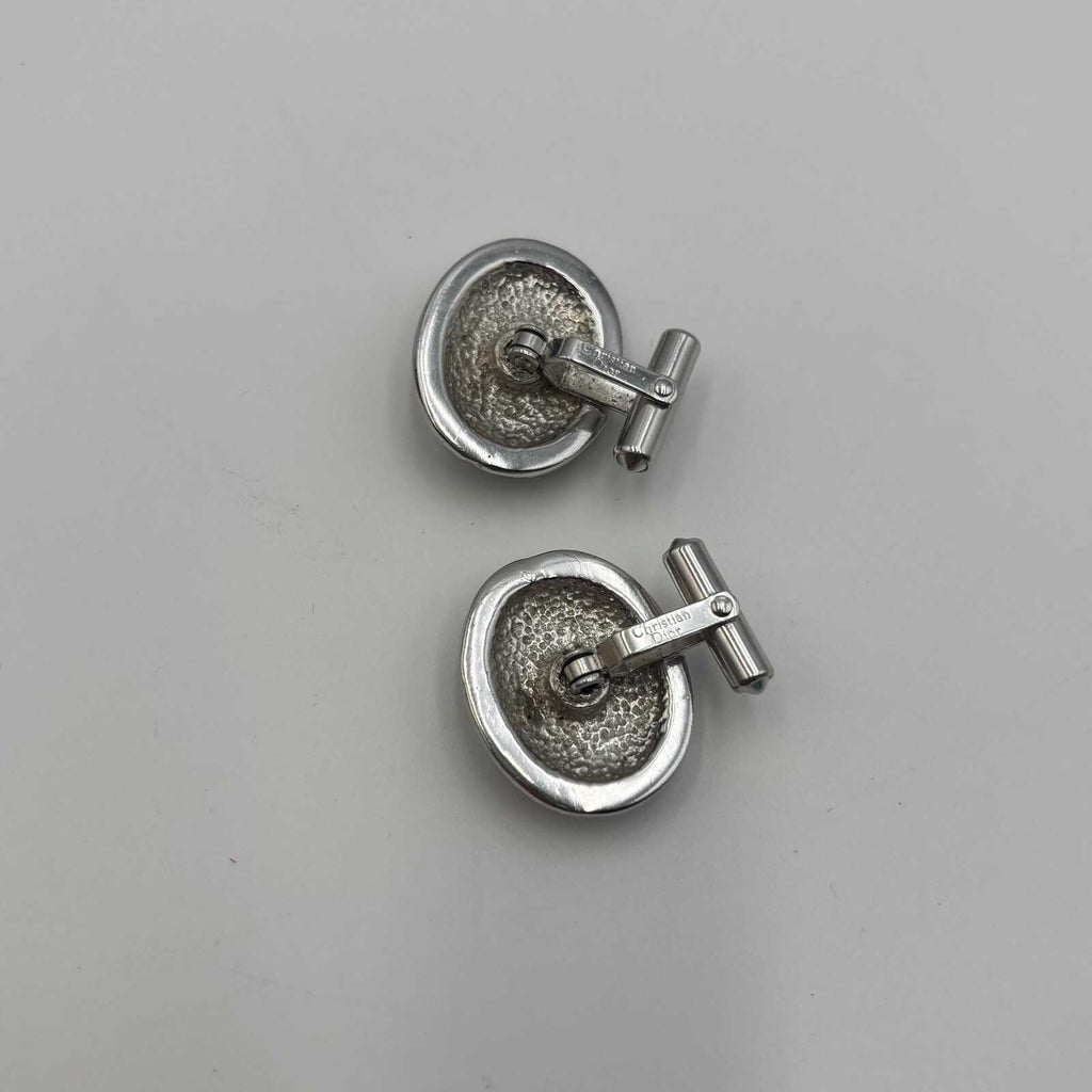 Christian Dior Silver Tone Oval Cufflinks with Black Cabochon