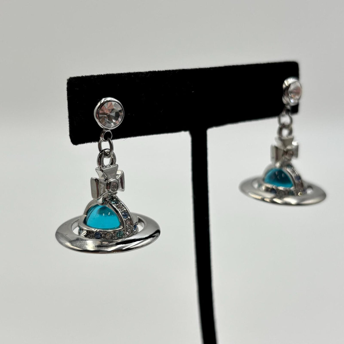 Vivienne Westwood Tiny Orb Drop Earrings Silver Tone Blue Crystal