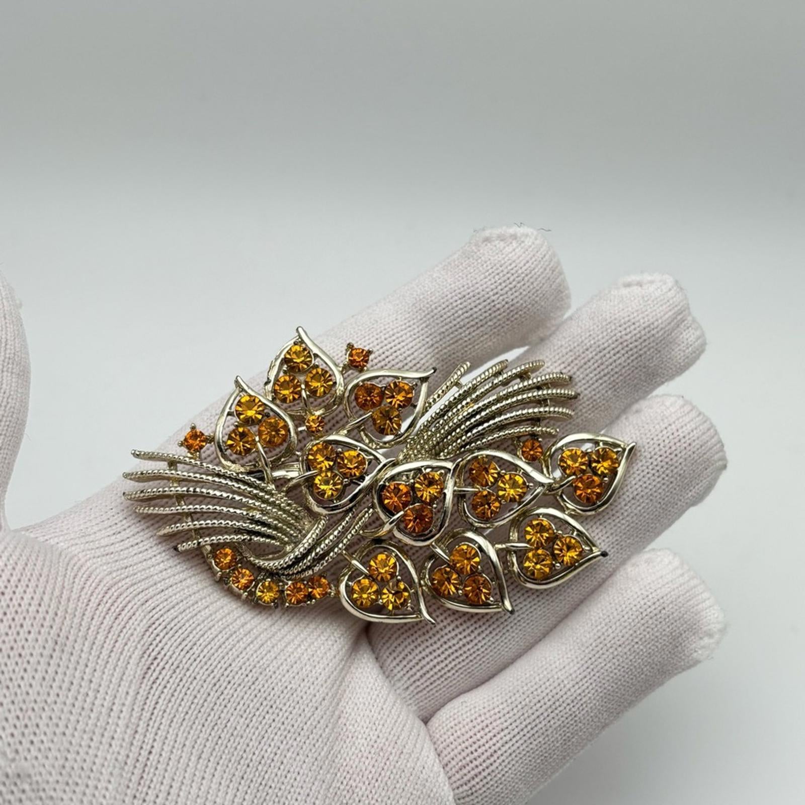 Vintage Gold-Tone & Amber Crystal Leaf Brooch