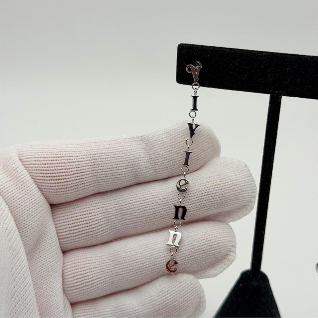 Vivienne Westwood Raimunda Asymmetrical Letter Drop Earrings – Silver Tone