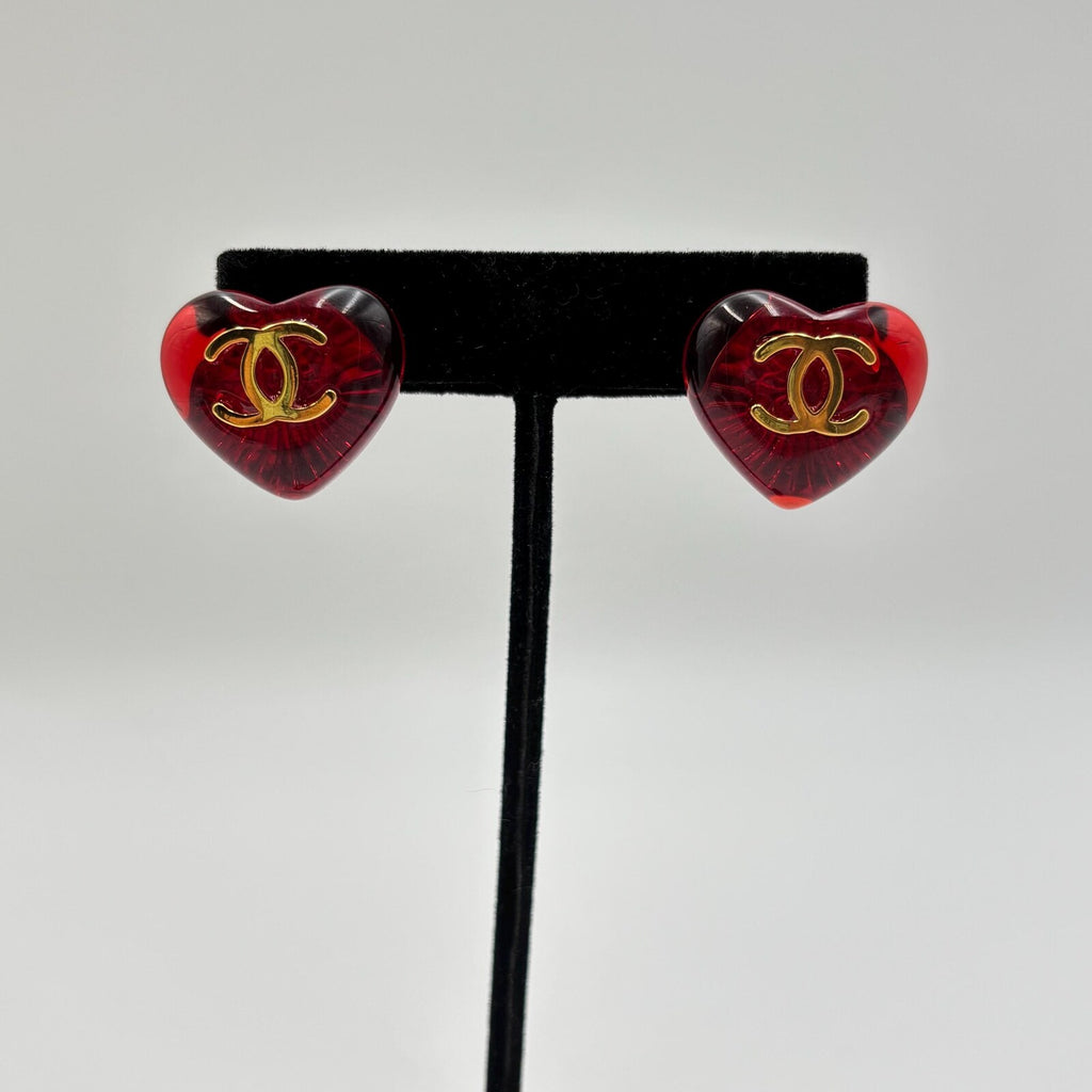 Chanel Vintage Red Resin Heart CC Stud Earrings Gold Tone