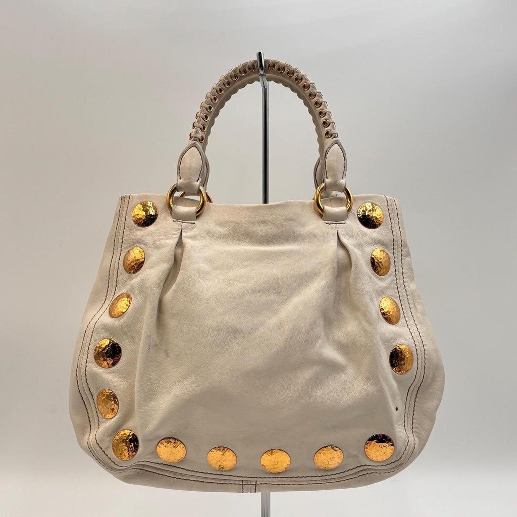 Miu Miu White Leather Studded Tote Bag With Strap