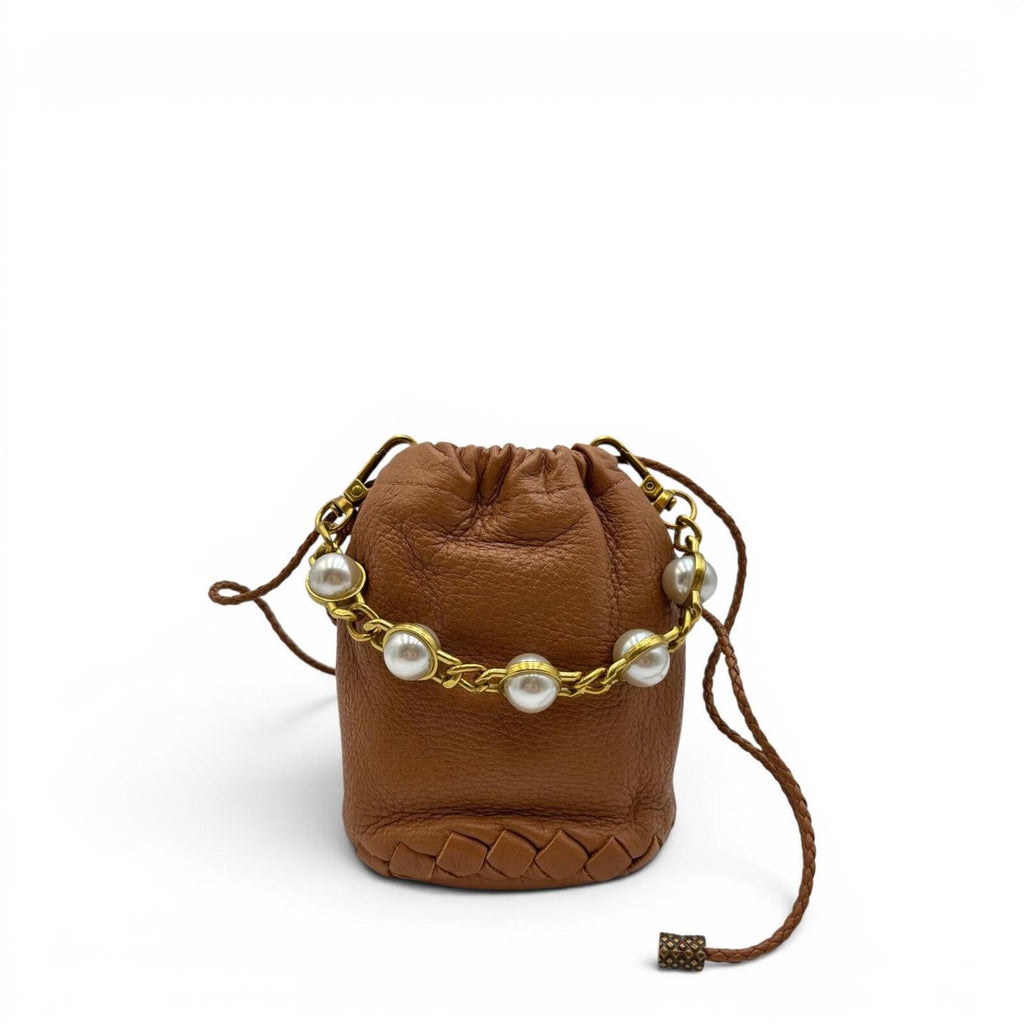 Bottega Veneta Mini Pearl Chain Bucket Bag Brown Leather With Dust Bag