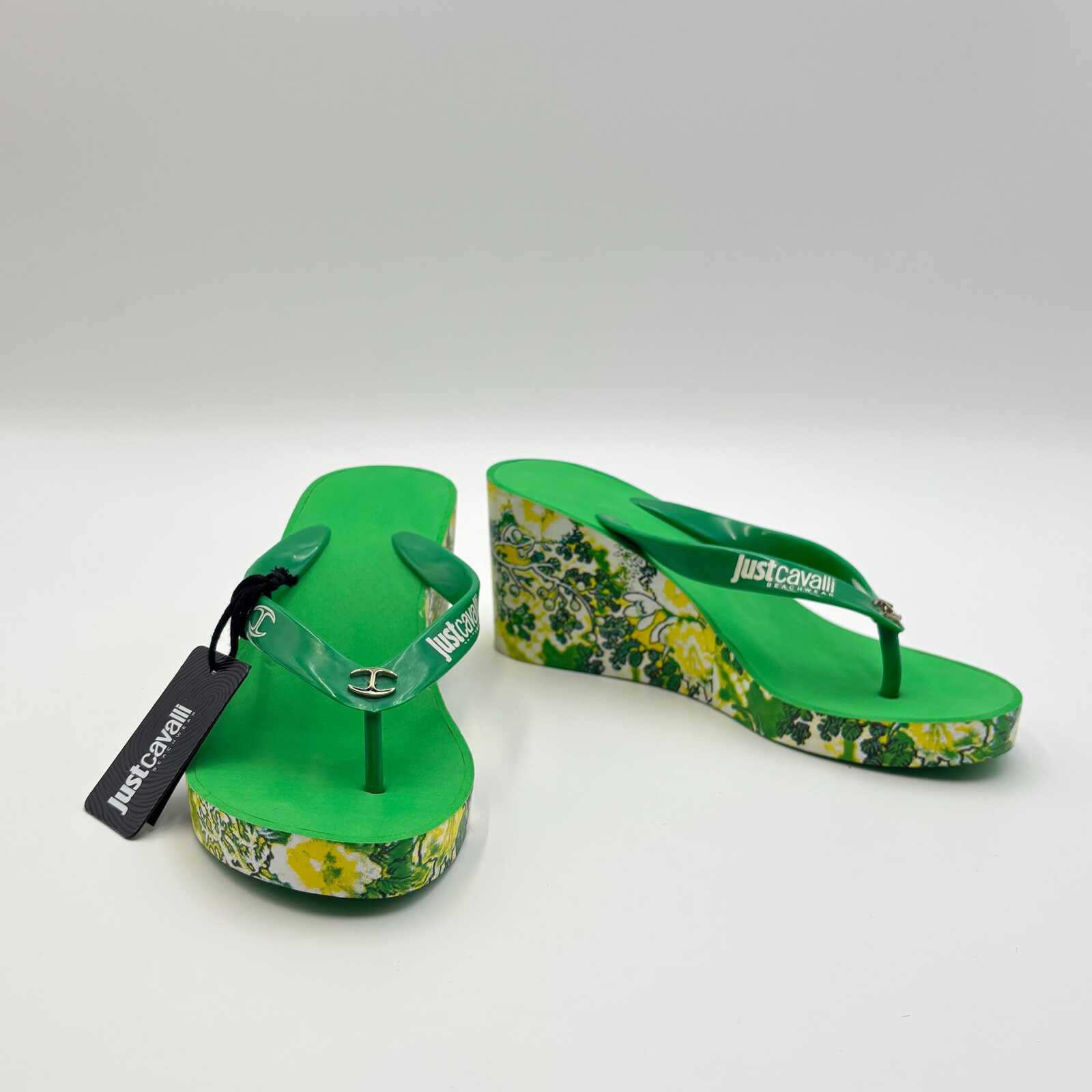 Just Cavalli Green Floral Wedge Flip Flop Sandals 37