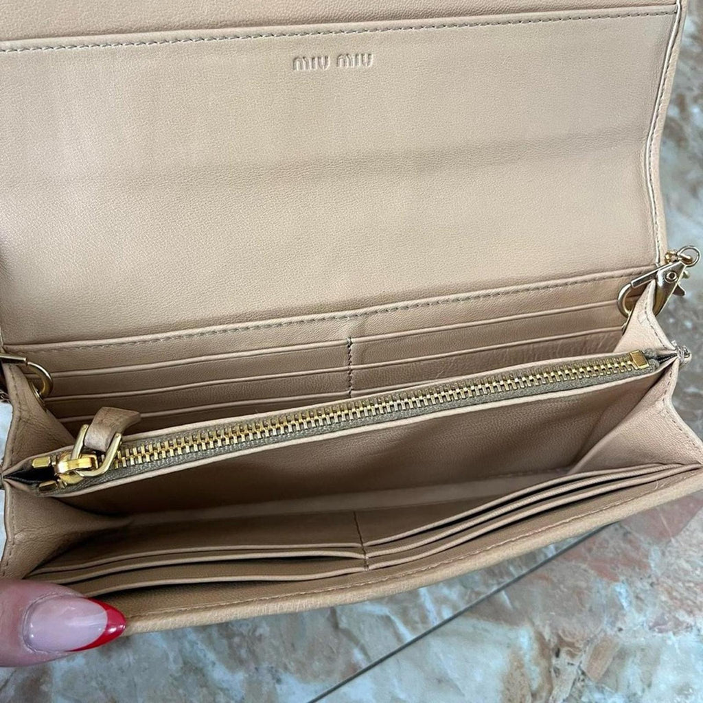MIU MIU Matelasse Leather Bifold Long Wallet on Chain in Tan